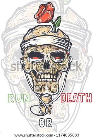Skull and rose poster in old tattoo style - Run or Death! Skeleton bones music - this is all you need to run! 