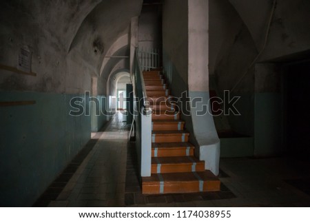 interior of an old abandoned mansion, rooms are abandoned by people, a lot of garbage, old furniture and antiquities destroyed, rooms need repair, old dust and dirt stairs, windows, door to the estate