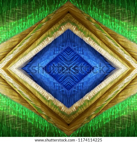 abstract background with glossy fabric cuts in blue, gold and green colors