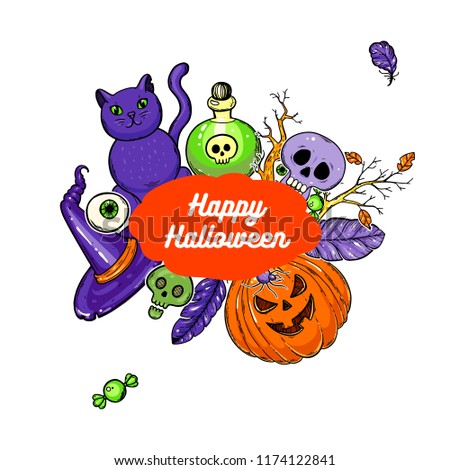 Halloween hand drawn collection. Vector illustration. Colored design template.
