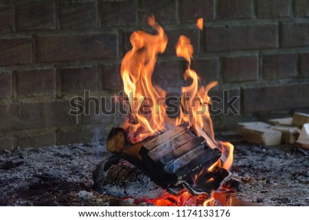Glowing wooden log burning in the clear fire close up. Atmospheric background with flame of campfire. Beautiful picture of the fire from inside with copy space. Whirlwind of smoke and embers.