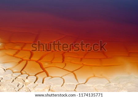 background - cracked clay shore of a reservoir with rusty water
