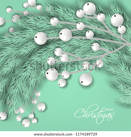 Merry Cristmas season geeting card Winter party invitation wreath of turquoise fir pine branches with white berry winter holiday background liht green turquoise