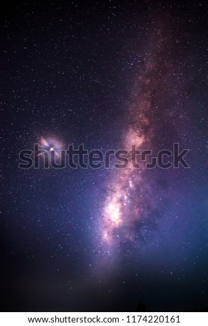 shot of blue night sky milky way and stars on dark background.Universe filled with stars, nebula and galaxy with noise and grain.Photo by long exposure and select white balance.