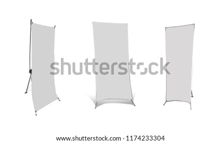 collection of blank white up banner stands on white background, copy space.