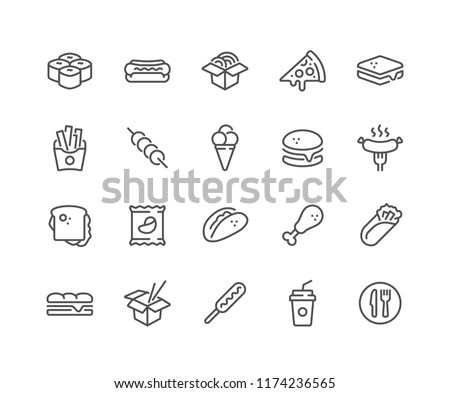 Simple Set of Fast Food Related Vector Line Icons. Contains such Icons as Pizza, Tacos, Chips and more. Editable Stroke. 48x48 Pixel Perfect. Royalty-Free Stock Photo #1174236565