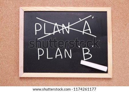 Plan A and B words letter, written on blackboard, work desk top view. Motivational business typography quotes concept 