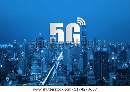 5G network wireless systems and Smart city communication network on smartphone, connect global wireless devices.