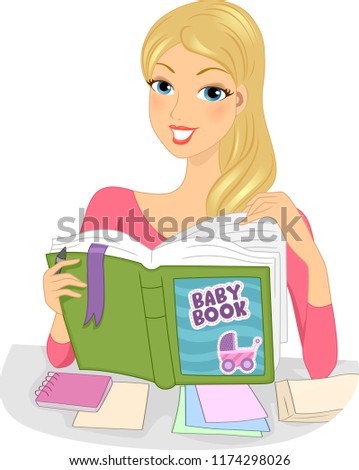 Illustration of a Girl Looking Through Her Baby Book with Notes She Wrote