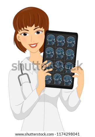 Illustration of a Girl Neurologist Doctor Holding Head Xray and Wearing White Gown and Stethoscope