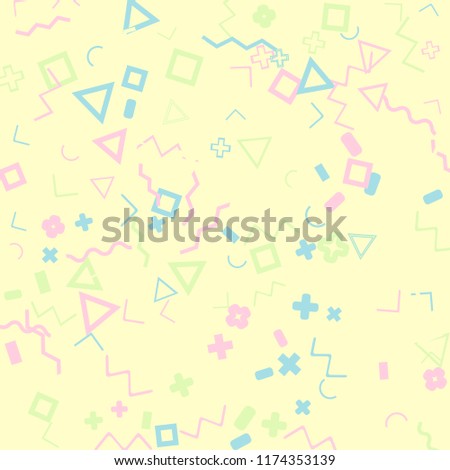 Memphis background.  Vintage background with different  color figures for card or banner. Abstract memphis background with geometric colorful figures for your design. Vector texture.