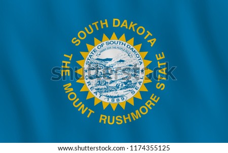 South Dakota US state flag with waving effect, official proportion.