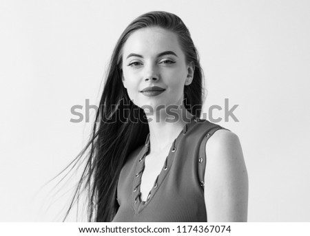 Monochrome woman with long smooth hair portrait natural