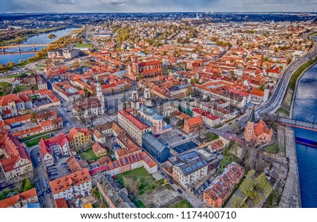 Old city of Kaunas. Lithuania. From flight. City between two rivers - Nemunas and Neris. Pilot photograpfy