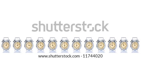group of alarm clock with times 12 clock on white background