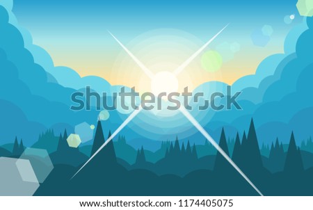 The sun is shining behind the clouds. Landscape with trees in a minimalist style