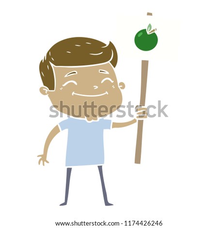 happy flat color style cartoon man with apple placard