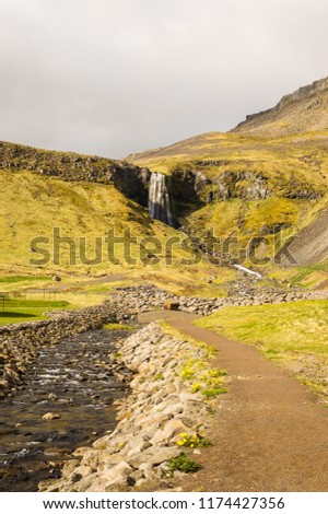 Low view of a waterfall in Olasvik. Iceland.
