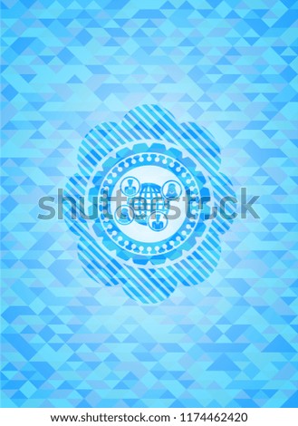 social network icon inside realistic sky blue emblem. Mosaic background