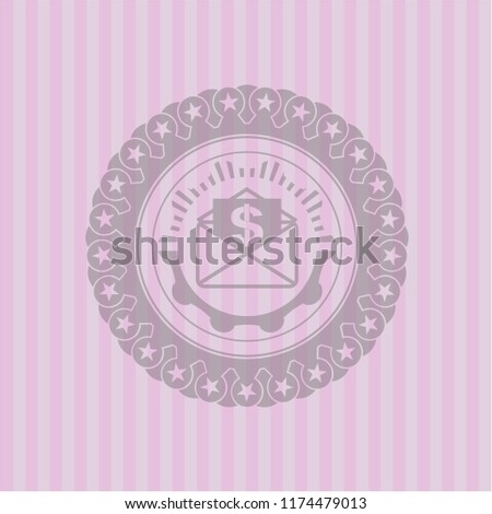 envelope with paper with money symbol inside icon inside pink emblem