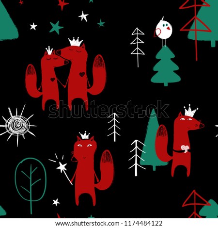 Seamless pattern with cute fairytale fox in the forest on a black background. 