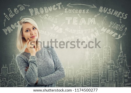 Portrait of a pensive young woman and business sketches on the grey wall background. Self development and future planning.
