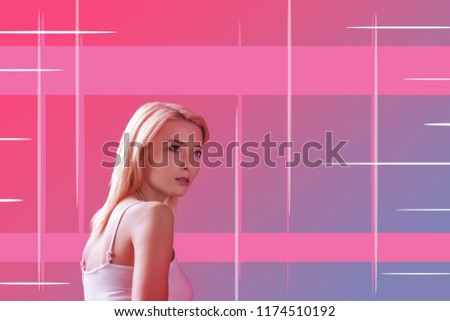 Futuristic design. Emotional young blonde girl standing and looking up while feeling surprised after visiting a room with unusual design