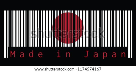 Barcode set the color of Japan flag, the white color and red sun on black background with text: Made in Japan. concept of sale or business.