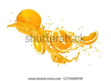 Juice or liquid splashing with fresh orange isolated on white background. Creative minimalistic food concept for design package, advertising, ads, branding. Royalty-Free Stock Photo #1174608448