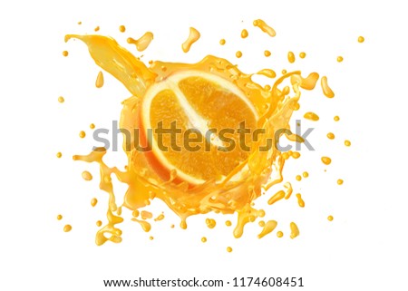 Juice or liquid splashing with fresh orange isolated on white background. Creative minimalistic food concept for design package, advertising, ads, branding. Royalty-Free Stock Photo #1174608451