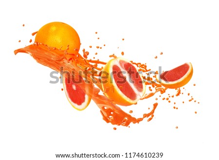 Juice or liquid splashing with fresh delicious grapefruit  isolated on white background. Creative minimalistic food concept for design package, advertising, ads, branding. Royalty-Free Stock Photo #1174610239