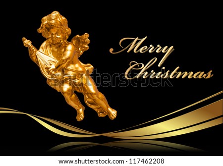 Christmas Greeting Card "Merry Christmas" with golden Angels, golden ribbon on a black background