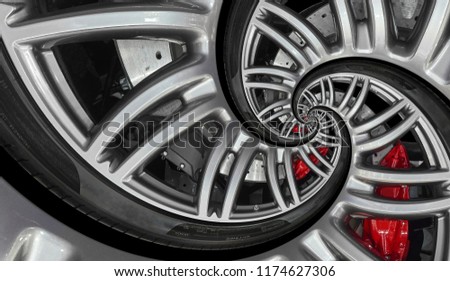 Abstract sport car surreal spiral wheel rim with tire, brake disc. Automobile repetitive pattern background illustration. Car wheel and tire twisted into spiral. Automotive industry conceptual image