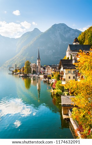 Famous Hallstatt village in Alps mountains, Austria. Beautiful autumn landscape Royalty-Free Stock Photo #1174632091