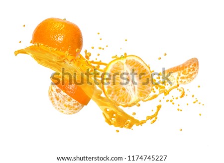 Juice or liquid splashing with fresh mandarines, tangerine, clementine isolated on white background. Creative minimalistic food concept for design package, advertising, ads, branding. Royalty-Free Stock Photo #1174745227