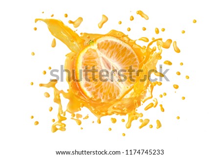 Juice or liquid splashing with fresh mandarines, tangerine, clementine isolated on white background. Creative minimalistic food concept for design package, advertising, ads, branding. Royalty-Free Stock Photo #1174745233