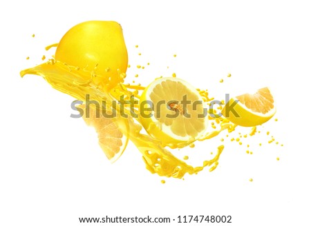 Juice or liquid splashing with fresh pomelo isolated on white background. Creative minimalistic food concept for design package, advertising, ads, branding. Royalty-Free Stock Photo #1174748002
