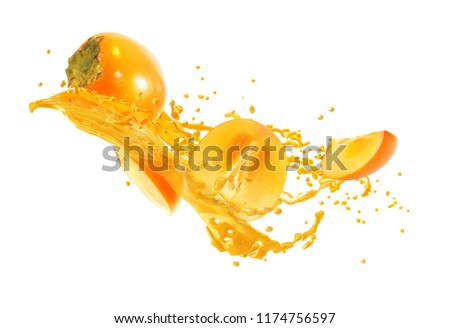 Juice or liquid splashing with fresh fruit persimmon isolated on white background. Creative minimalistic food concept for design package, advertising, ads, branding. Royalty-Free Stock Photo #1174756597