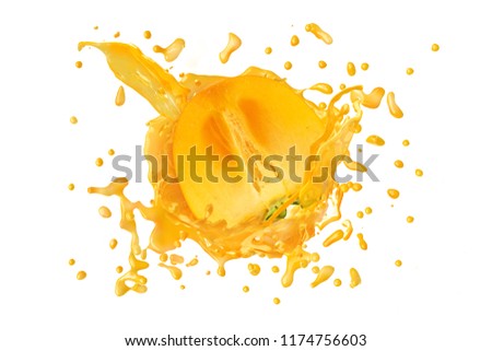 Juice or liquid splashing with fresh fruit persimmon isolated on white background. Creative minimalistic food concept for design package, advertising, ads, branding. Royalty-Free Stock Photo #1174756603