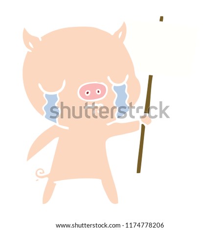 flat color style cartoon crying pig with sign post