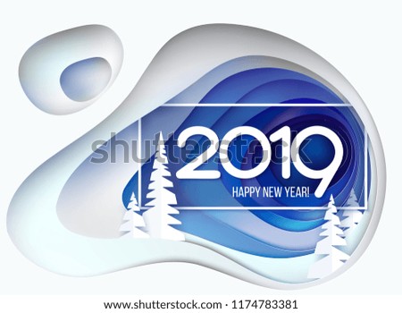 Happy New Year card. Snowy hill with fur trees and digits 2019. Winter paper cut craft design. Vector illustration