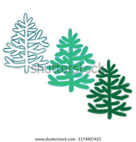 Silhouettes of Christmas green trees isolated on white background. For New Year flat design, Christmas greeting card mockup, clip art, wrapping paper.