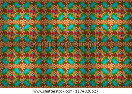 Raster seamless floral pattern with hibiscus flowers, leaves, decorative elements, splash, blots and drop in orange, beige and green colors. Doodle sketch style, hand-drawn illustration.