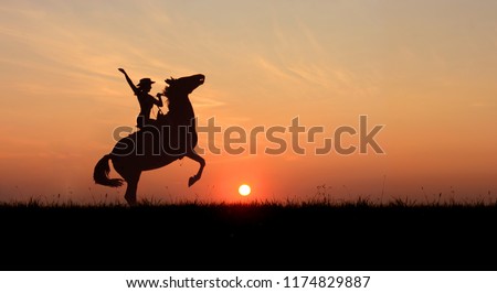 Cowgirl riding a horse, rearing up at sunset. Stallion standing on hind legs at horizon line with setting sun. Image for site header, banner Royalty-Free Stock Photo #1174829887