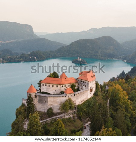 Aerial view of medieval castle by the lake Bled in Slovenia. Beautiful nature of Slovenia.