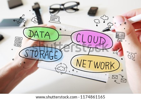 Cloud computing concept with man writing in a notebook