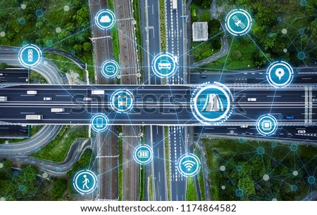 Social infrastructure and communication technology concept. IoT(Internet of Things). Autonomous transportation.  Royalty-Free Stock Photo #1174864582