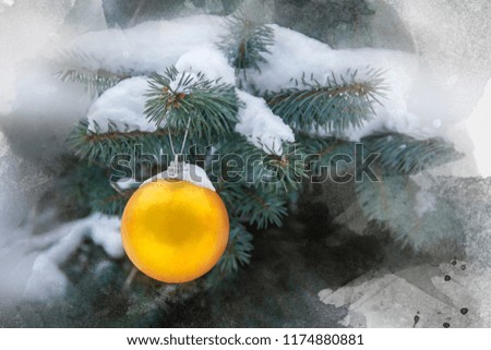 photo imitation of watercolour Christmas picture with yellow bauble on fir-tree branch