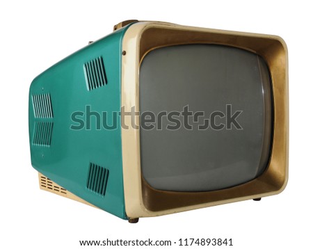 Green vintage television isolated over white background - With Clipping path