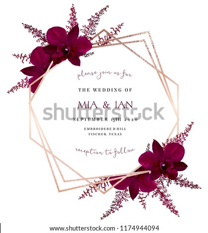 Marsala colored dark exotic orchid, burgundy red astilbe vector design fall frame. Pink gold polygonal line art with shimmer. Geometric card. Autumn chic wedding invitation. Isolated and editable. Royalty-Free Stock Photo #1174944094